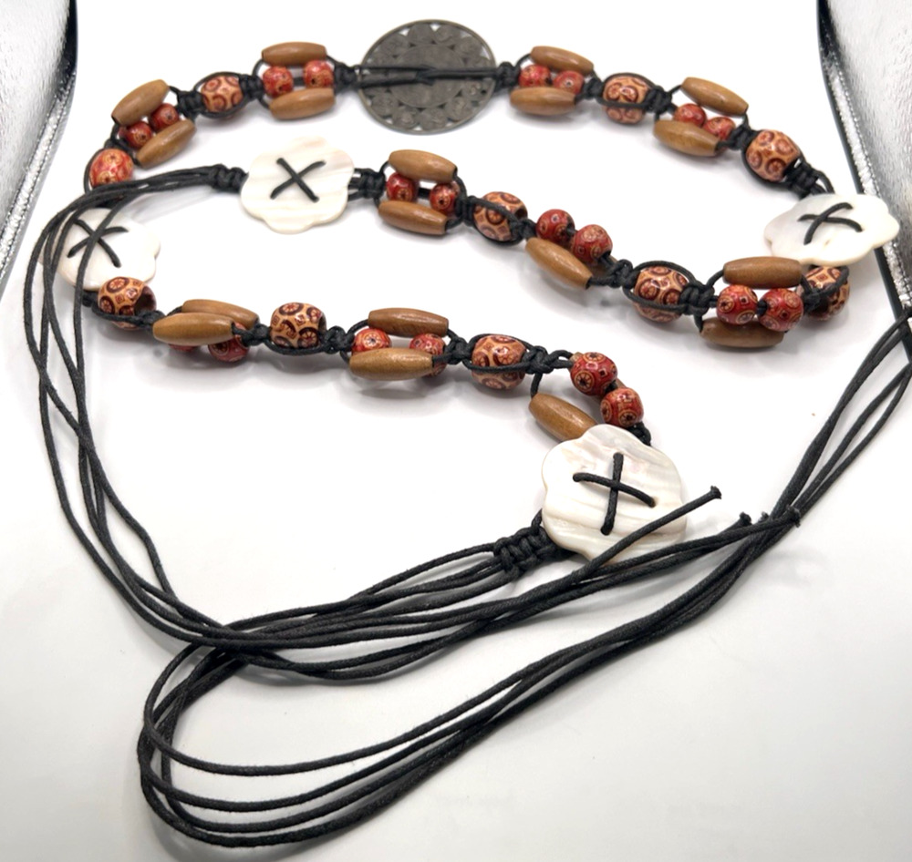 Hippie BoHo Vintage Mother of Pearl Shells Hand Painted Wooden Beaded Cord Belt